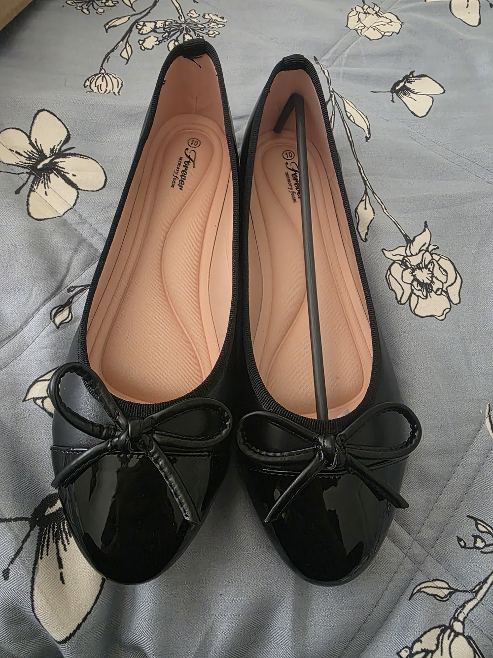 Patent Black Ballet Flats with Bow Accent - Women's Comfort Flats